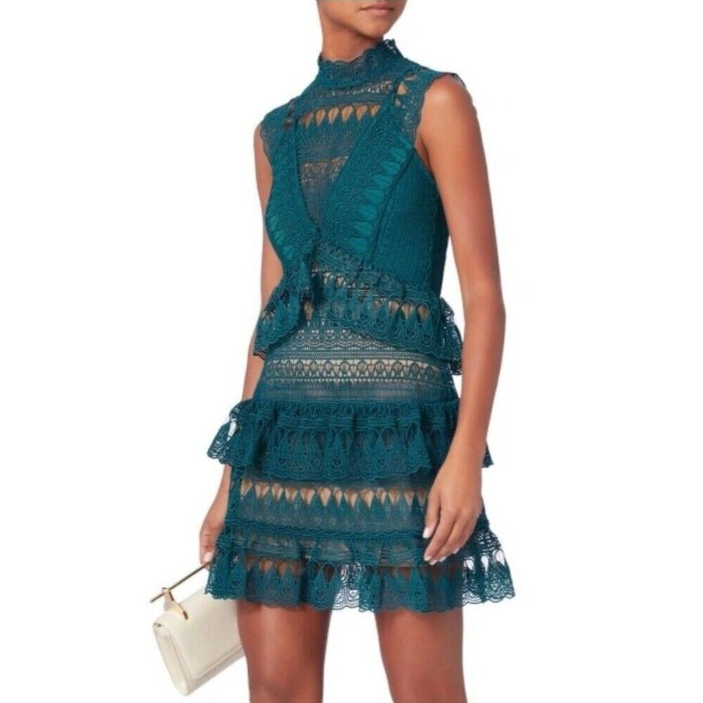 Self-Portrait Guipure Lace‎ Mini Dress Teal Tiered Sleeveless Teardrop Sz 2